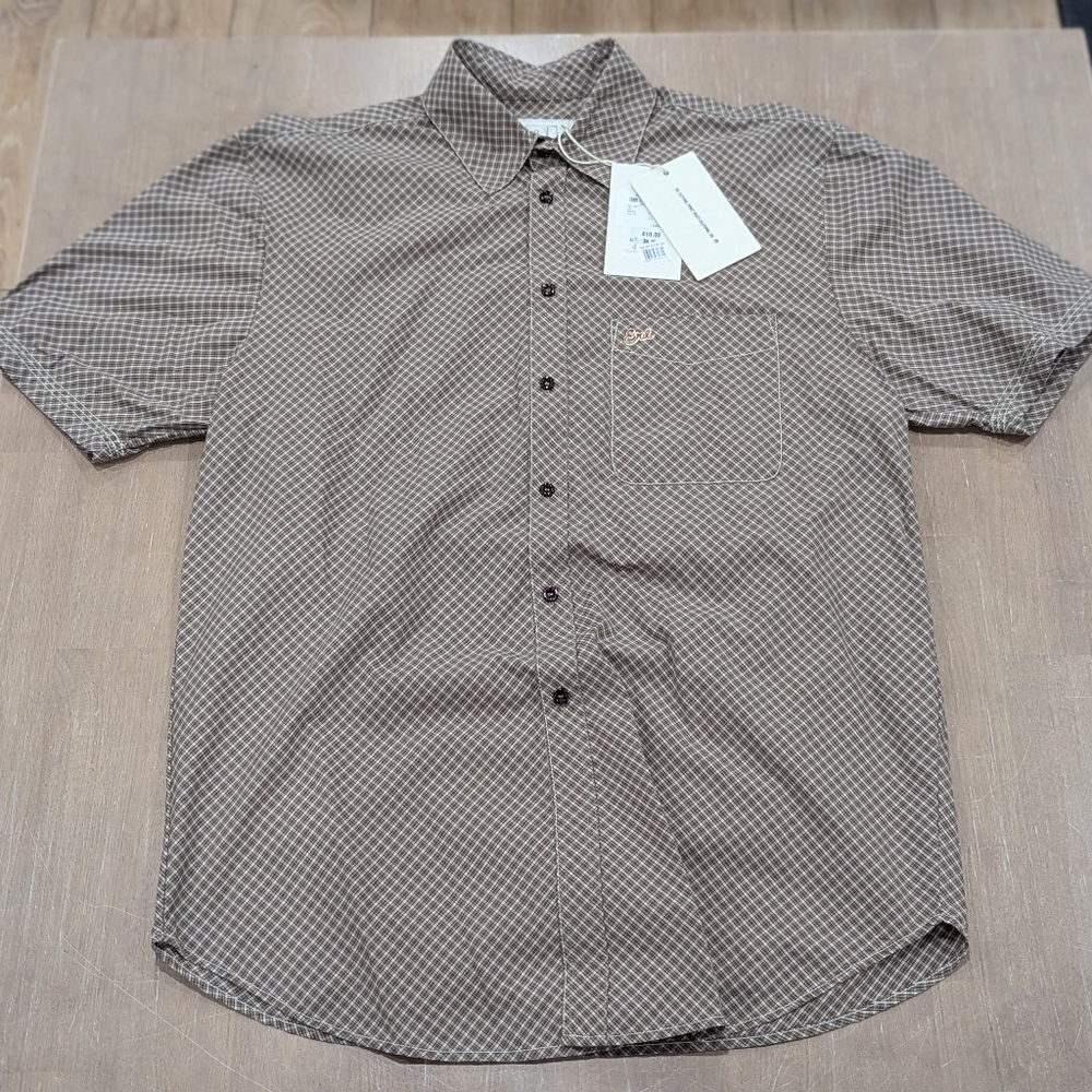 $410 Mens ERL Micro Plaid Longline SS Button Up Sport Shirt Brown Medium